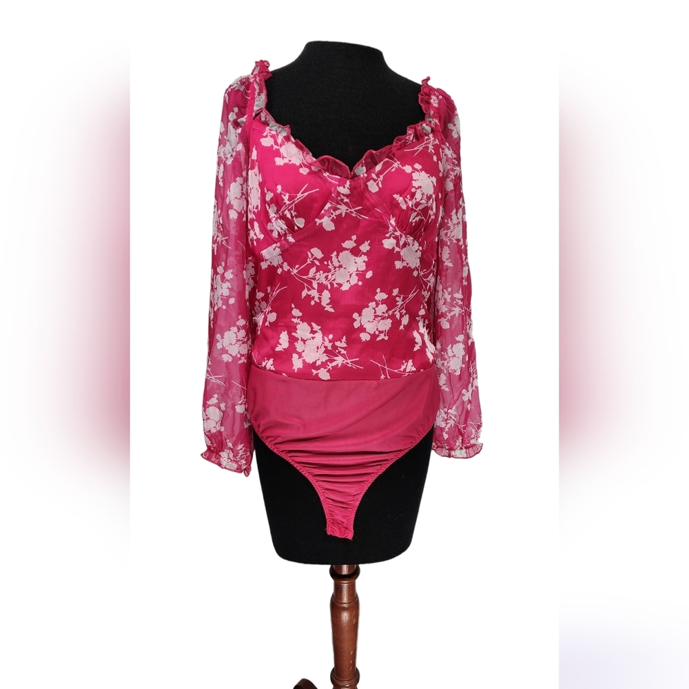 ♥️ NWT YILIBASHA BODY SUIT LONG PUFFY SLEEVE FLORAL BLOUSE - SIZE LARGE ♥️